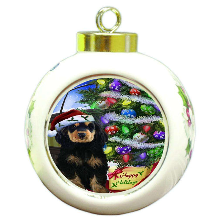 Christmas Happy Holidays Cocker Spaniel Dog with Tree and Presents Round Ball Christmas Ornament RBPOR53454