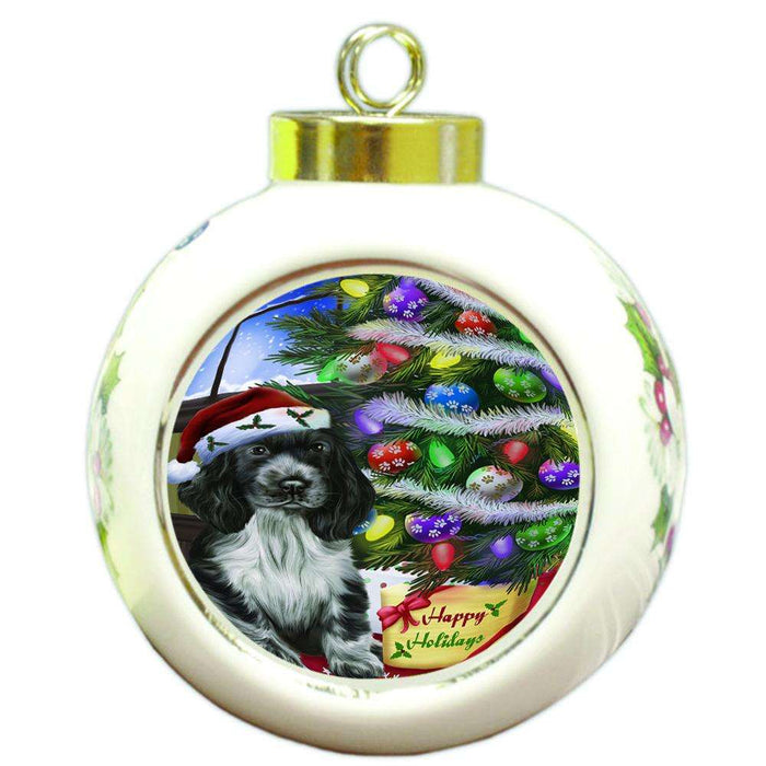 Christmas Happy Holidays Cocker Spaniel Dog with Tree and Presents Round Ball Christmas Ornament RBPOR53455