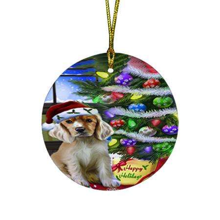 Christmas Happy Holidays Cocker Spaniel Dog with Tree and Presents Round Flat Christmas Ornament RFPOR53443