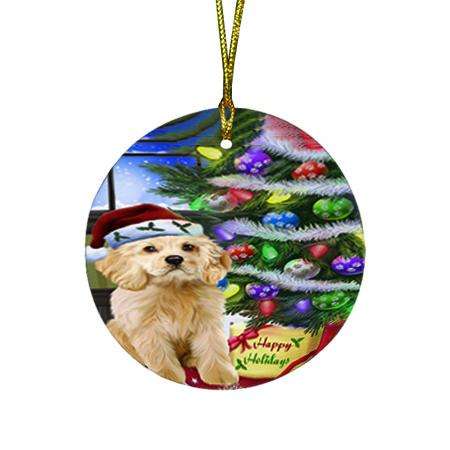 Christmas Happy Holidays Cocker Spaniel Dog with Tree and Presents Round Flat Christmas Ornament RFPOR53444