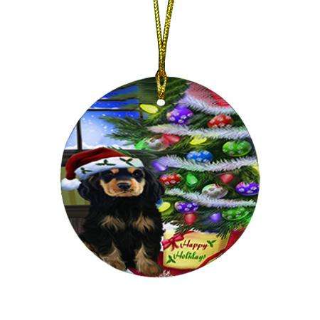 Christmas Happy Holidays Cocker Spaniel Dog with Tree and Presents Round Flat Christmas Ornament RFPOR53445