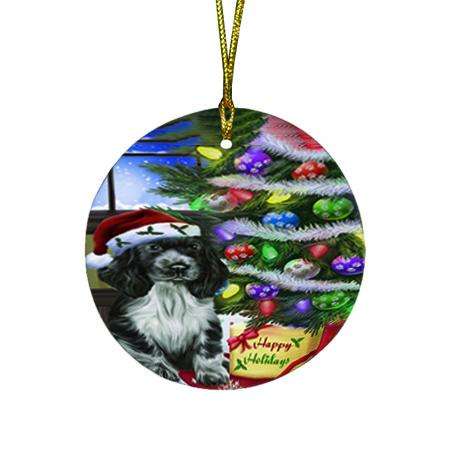 Christmas Happy Holidays Cocker Spaniel Dog with Tree and Presents Round Flat Christmas Ornament RFPOR53446