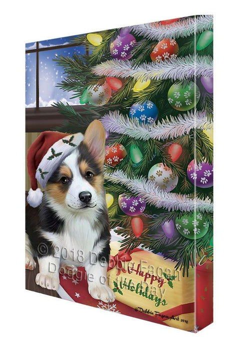 Christmas Happy Holidays Corgi Dog with Tree and Presents Canvas Print Wall Art Décor CVS102293