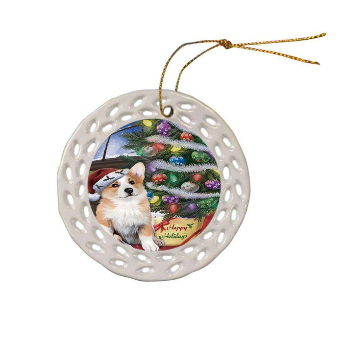 Christmas Happy Holidays Corgi Dog with Tree and Presents Ceramic Doily Ornament DPOR53825