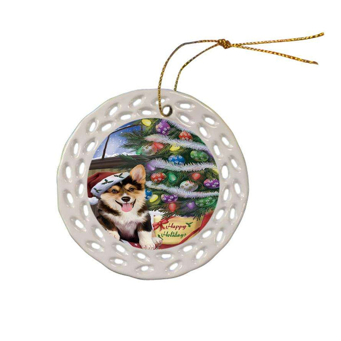Christmas Happy Holidays Corgi Dog with Tree and Presents Ceramic Doily Ornament DPOR53826