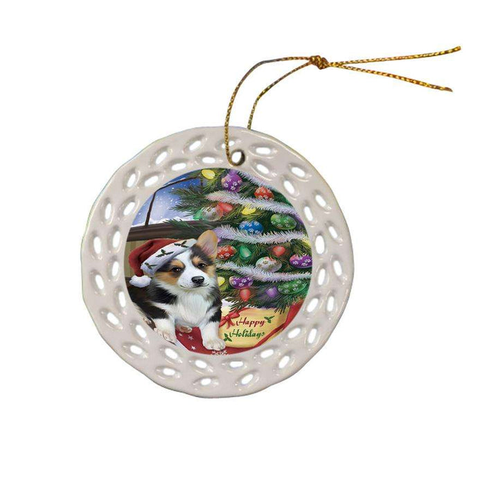 Christmas Happy Holidays Corgi Dog with Tree and Presents Ceramic Doily Ornament DPOR53827