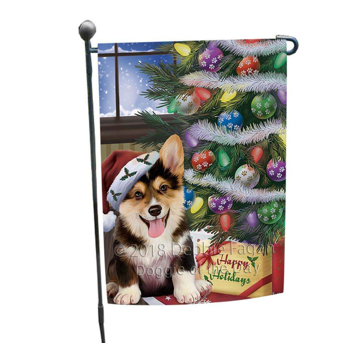 Christmas Happy Holidays Corgi Dog with Tree and Presents Garden Flag GFLG53888