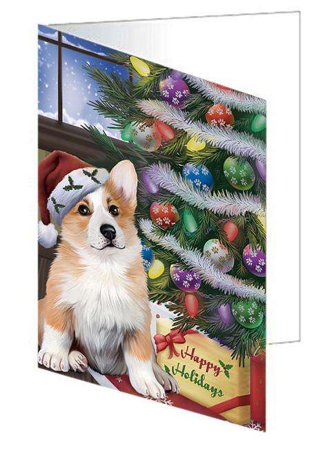 Christmas Happy Holidays Corgi Dog with Tree and Presents Handmade Artwork Assorted Pets Greeting Cards and Note Cards with Envelopes for All Occasions and Holiday Seasons GCD65504