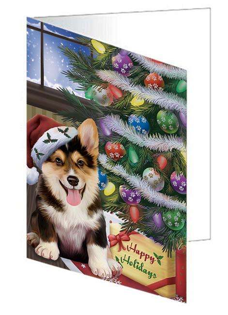 Christmas Happy Holidays Corgi Dog with Tree and Presents Handmade Artwork Assorted Pets Greeting Cards and Note Cards with Envelopes for All Occasions and Holiday Seasons GCD65507
