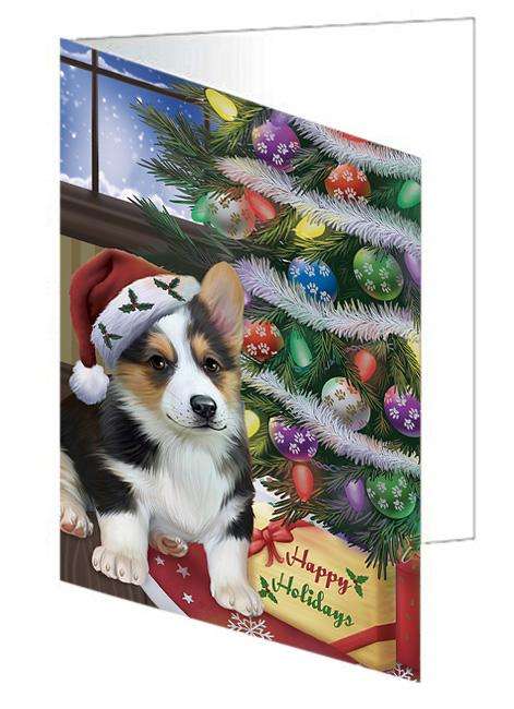 Christmas Happy Holidays Corgi Dog with Tree and Presents Handmade Artwork Assorted Pets Greeting Cards and Note Cards with Envelopes for All Occasions and Holiday Seasons GCD65510