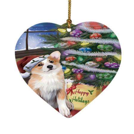 Christmas Happy Holidays Corgi Dog with Tree and Presents Heart Christmas Ornament HPOR53825