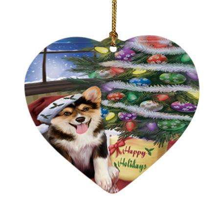 Christmas Happy Holidays Corgi Dog with Tree and Presents Heart Christmas Ornament HPOR53826