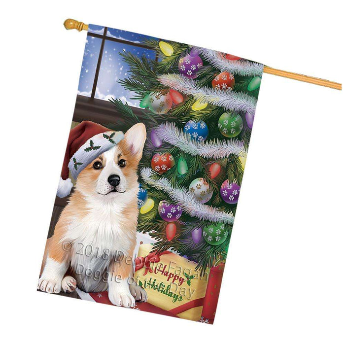 Christmas Happy Holidays Corgi Dog with Tree and Presents House Flag FLG54023