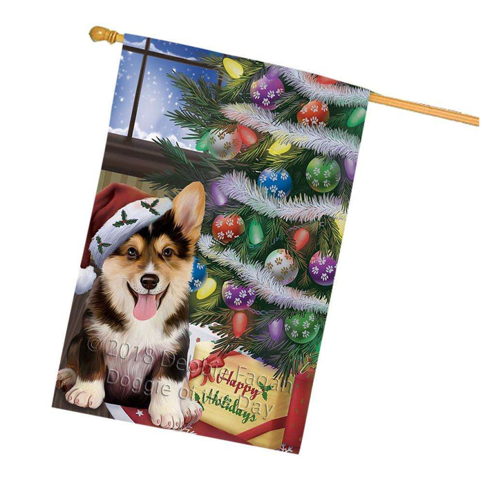 Christmas Happy Holidays Corgi Dog with Tree and Presents House Flag FLG54024