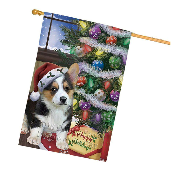 Christmas Happy Holidays Corgi Dog with Tree and Presents House Flag FLG54025