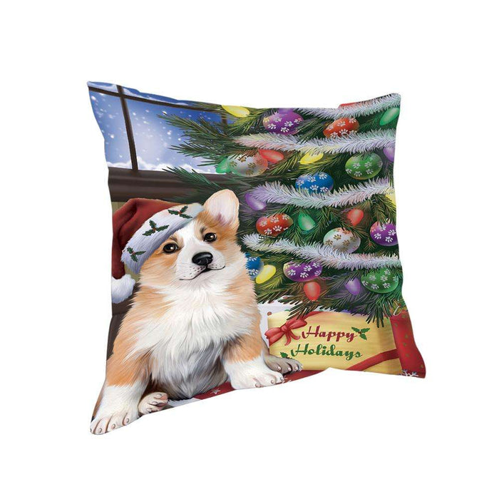 Christmas Happy Holidays Corgi Dog with Tree and Presents Pillow PIL71924