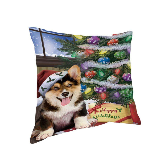 Christmas Happy Holidays Corgi Dog with Tree and Presents Pillow PIL71928