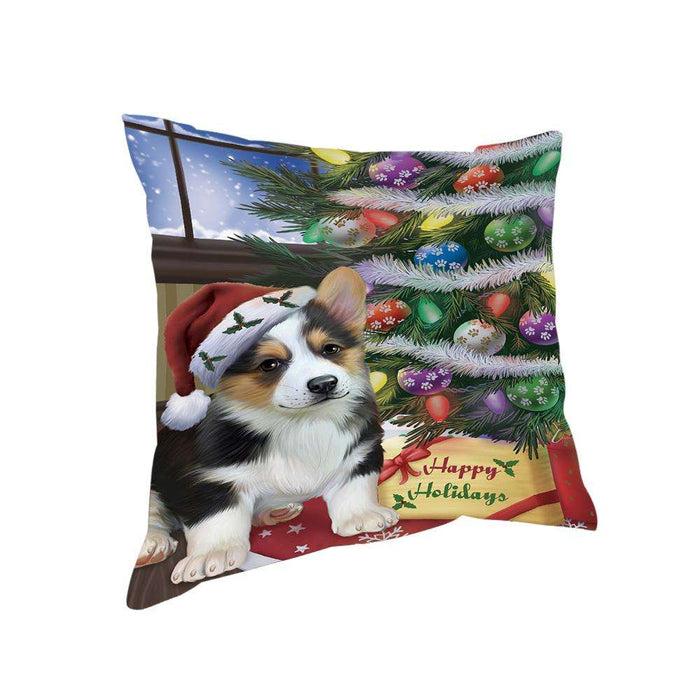 Christmas Happy Holidays Corgi Dog with Tree and Presents Pillow PIL71932