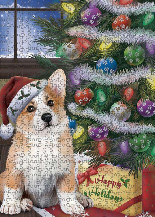Christmas Happy Holidays Corgi Dog with Tree and Presents Puzzle with Photo Tin PUZL82456
