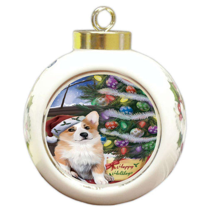 Christmas Happy Holidays Corgi Dog with Tree and Presents Round Ball Christmas Ornament RBPOR53825