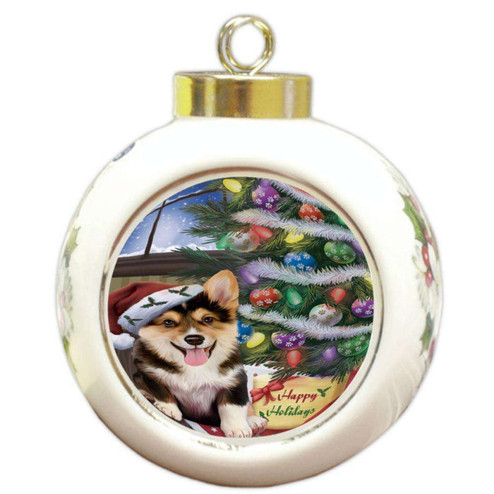 Christmas Happy Holidays Corgi Dog with Tree and Presents Round Ball Christmas Ornament RBPOR53826