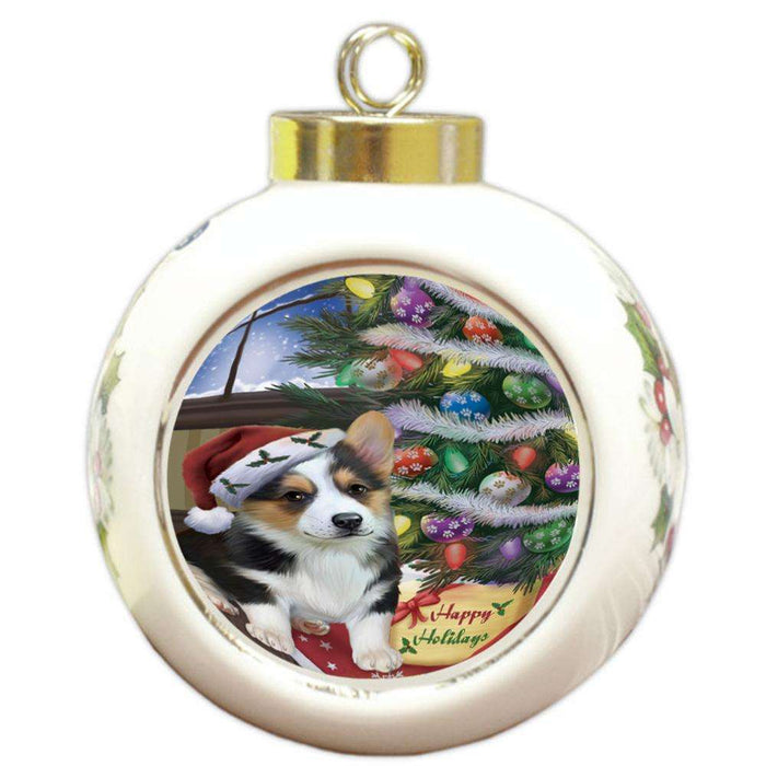 Christmas Happy Holidays Corgi Dog with Tree and Presents Round Ball Christmas Ornament RBPOR53827