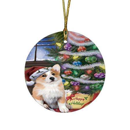 Christmas Happy Holidays Corgi Dog with Tree and Presents Round Flat Christmas Ornament RFPOR53816