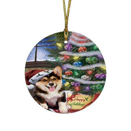 Christmas Happy Holidays Corgi Dog with Tree and Presents Round Flat Christmas Ornament RFPOR53817