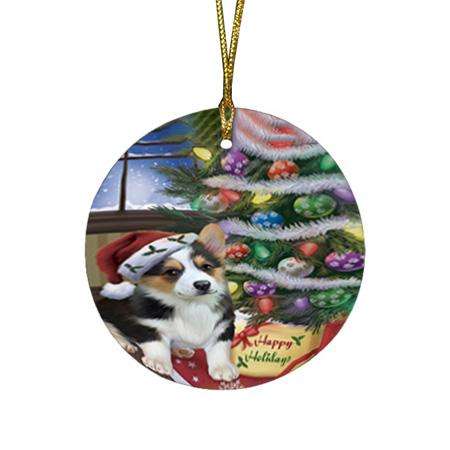 Christmas Happy Holidays Corgi Dog with Tree and Presents Round Flat Christmas Ornament RFPOR53818