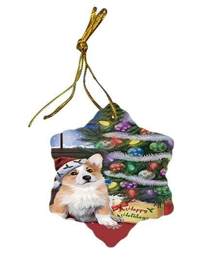 Christmas Happy Holidays Corgi Dog with Tree and Presents Star Porcelain Ornament SPOR53816