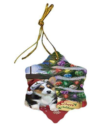Christmas Happy Holidays Corgi Dog with Tree and Presents Star Porcelain Ornament SPOR53818