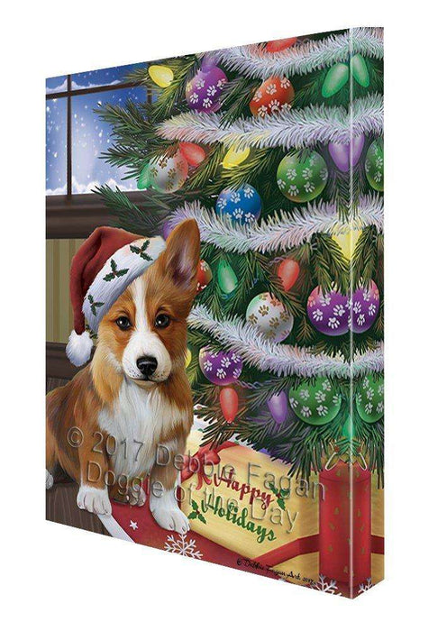 Christmas Happy Holidays Corgis Dog with Tree and Presents Canvas Wall Art