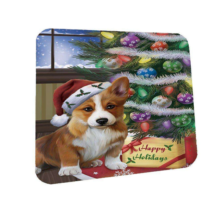 Christmas Happy Holidays Corgis Dog with Tree and Presents Coasters Set of 4