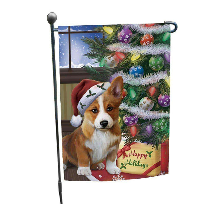 Christmas Happy Holidays Corgis Dog with Tree and Presents Garden Flag