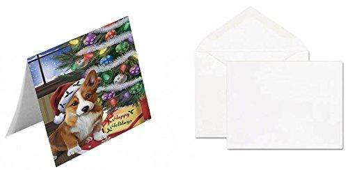 Christmas Happy Holidays Corgis Dog with Tree and Presents Handmade Artwork Assorted Pets Greeting Cards and Note Cards with Envelopes for All Occasions and Holiday Seasons