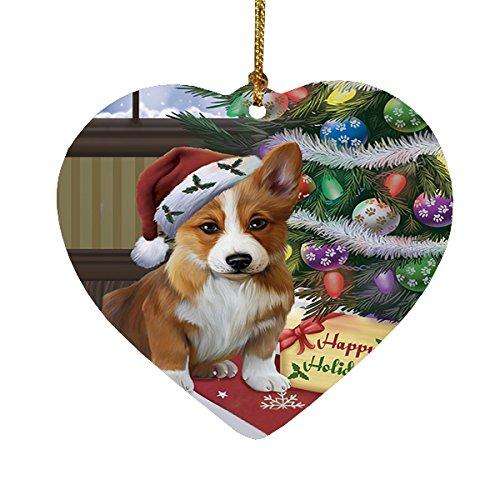 Christmas Happy Holidays Corgis Dog with Tree and Presents Heart Ornament