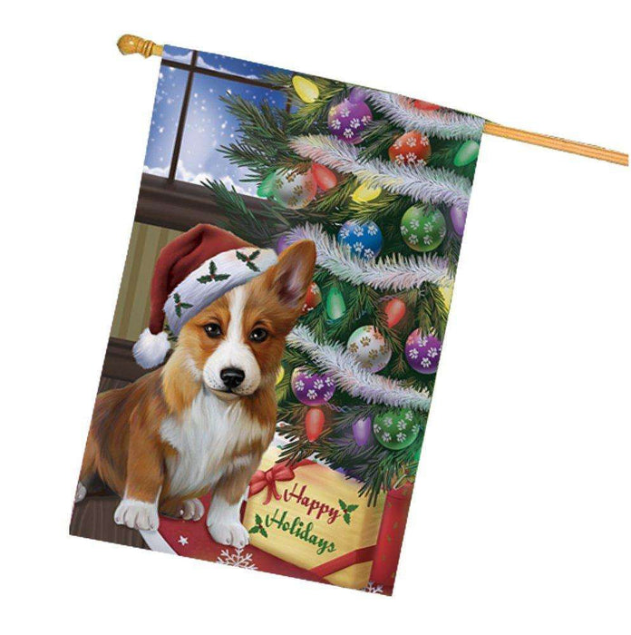 Christmas Happy Holidays Corgis Dog with Tree and Presents House Flag