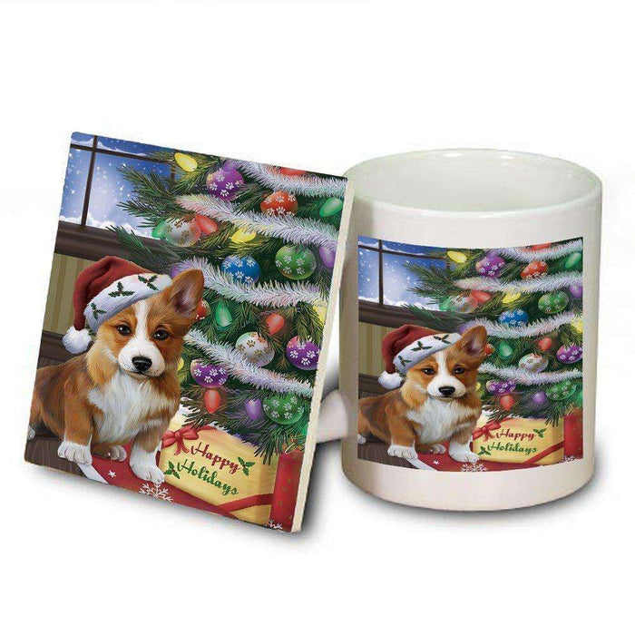 Christmas Happy Holidays Corgis Dog with Tree and Presents Mug and Coaster Set