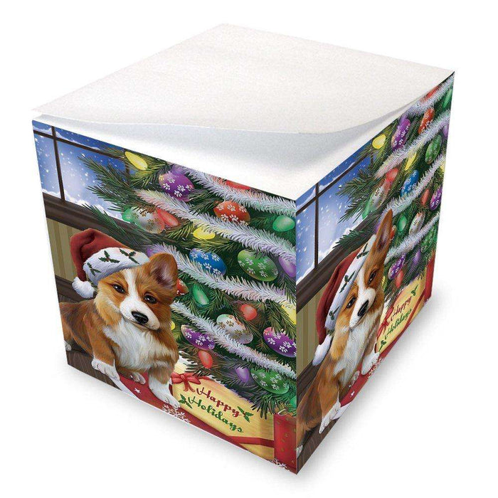 Christmas Happy Holidays Corgis Dog with Tree and Presents Note Cube
