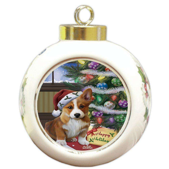 Christmas Happy Holidays Corgis Dog with Tree and Presents Round Ball Ornament