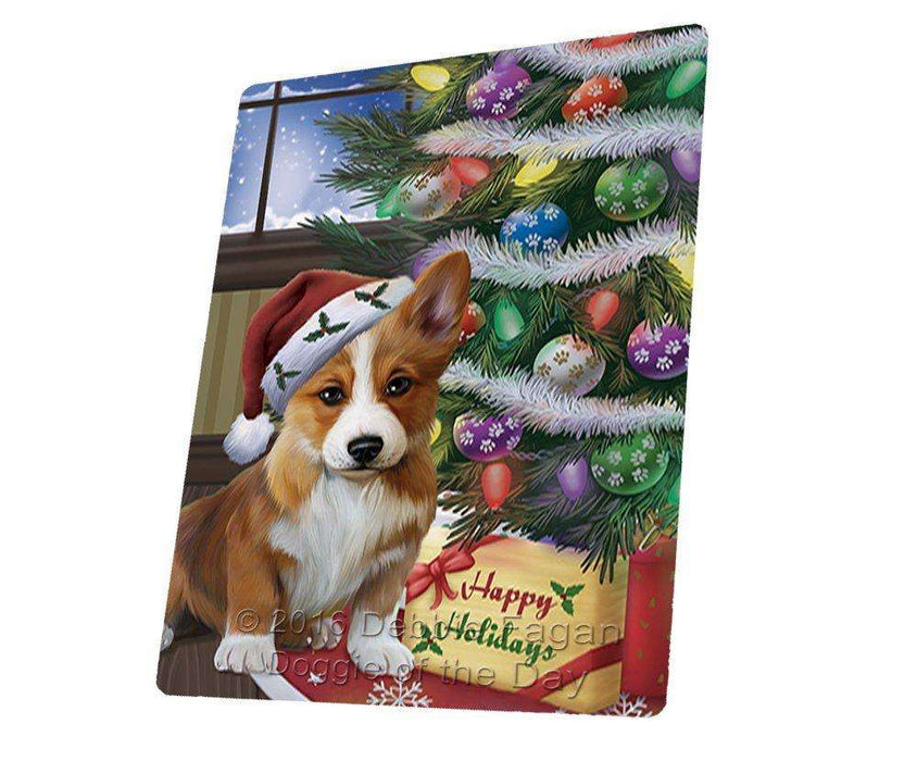 Christmas Happy Holidays Corgis Dog with Tree and Presents Tempered Cutting Board