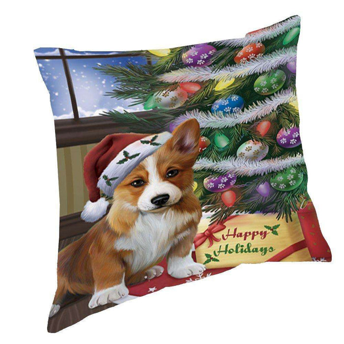 Christmas Happy Holidays Corgis Dog with Tree and Presents Throw Pillow