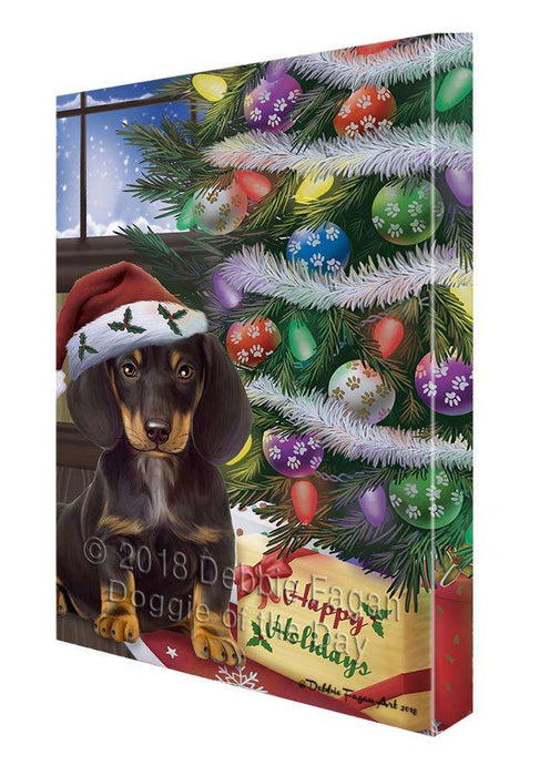 Christmas Happy Holidays Dachshund Dog with Tree and Presents Canvas Print Wall Art Décor CVS102302