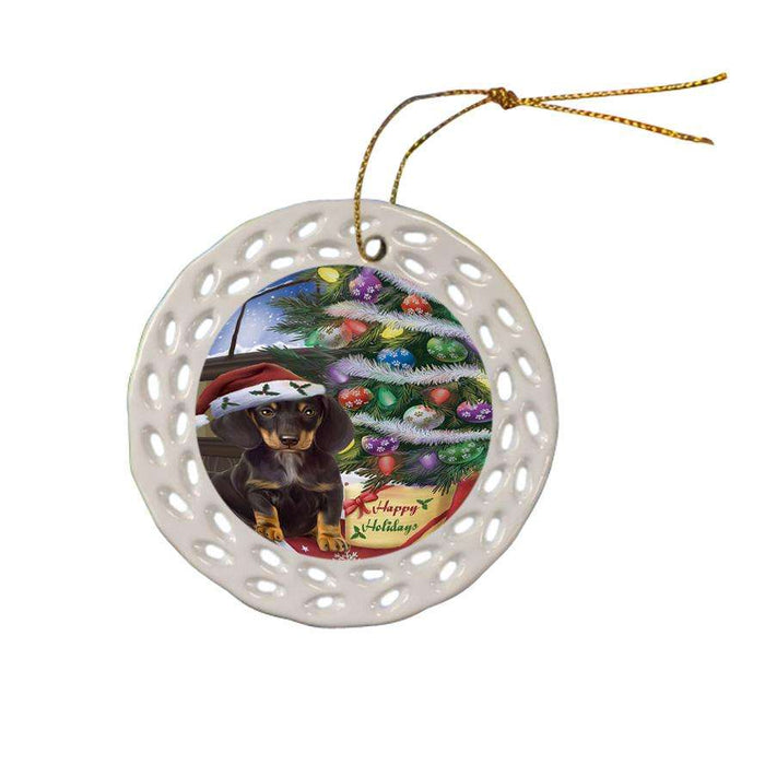 Christmas Happy Holidays Dachshund Dog with Tree and Presents Ceramic Doily Ornament DPOR53828