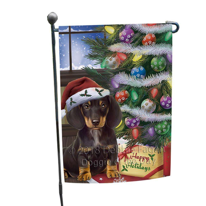 Christmas Happy Holidays Dachshund Dog with Tree and Presents Garden Flag GFLG53890