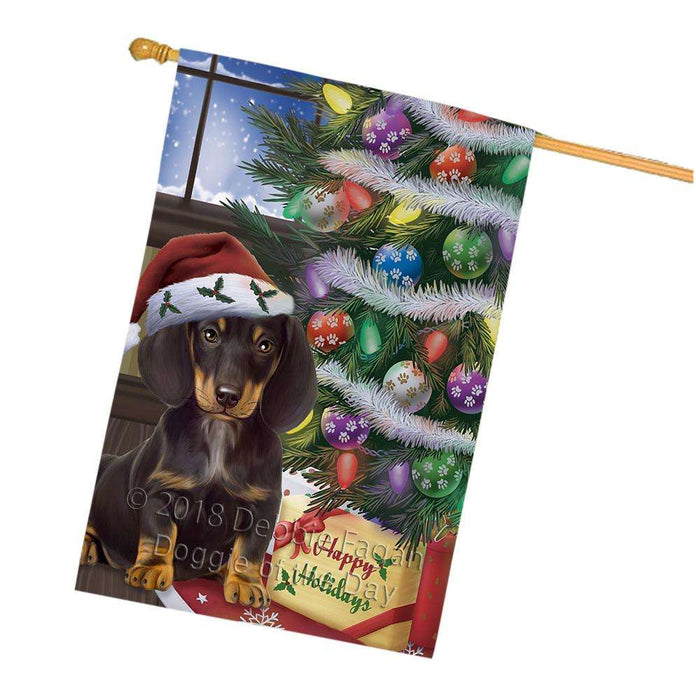 Christmas Happy Holidays Dachshund Dog with Tree and Presents House Flag FLG54026