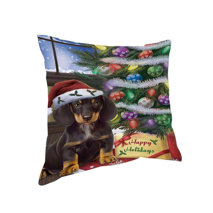 Christmas Happy Holidays Dachshund Dog with Tree and Presents Pillow PIL71936