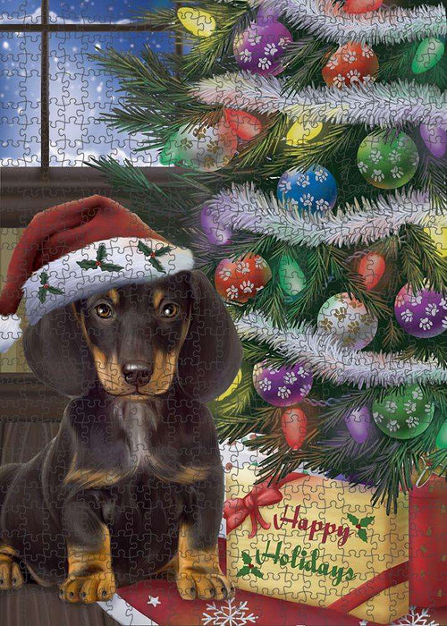 Christmas Happy Holidays Dachshund Dog with Tree and Presents Puzzle with Photo Tin PUZL82468