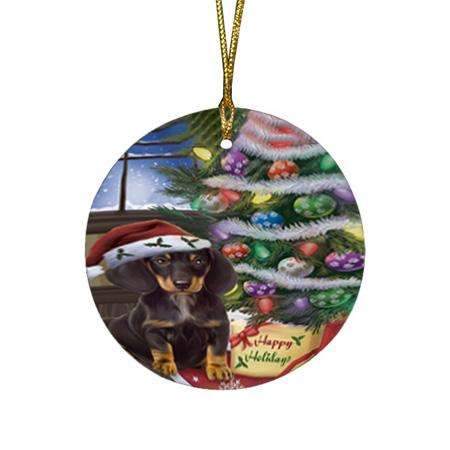 Christmas Happy Holidays Dachshund Dog with Tree and Presents Round Flat Christmas Ornament RFPOR53819