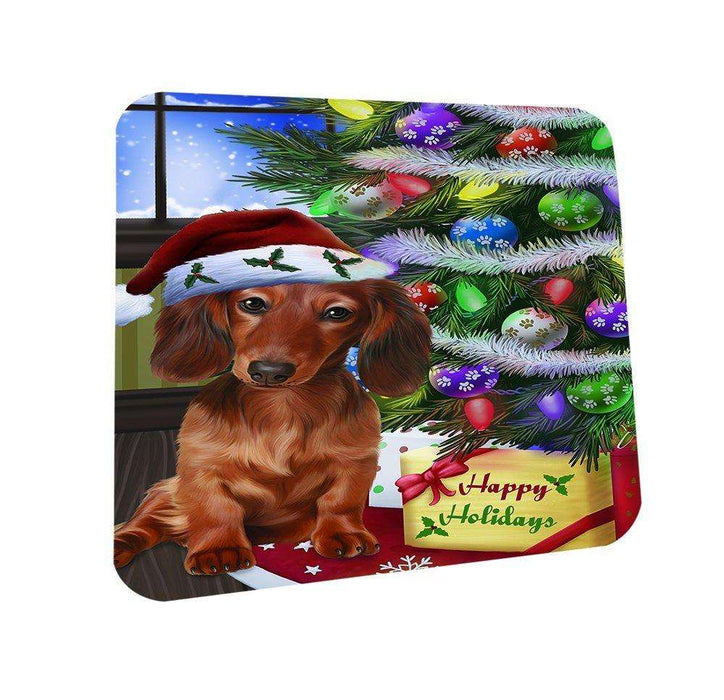 Christmas Happy Holidays Dachshunds Dog with Tree and Presents Coasters Set of 4